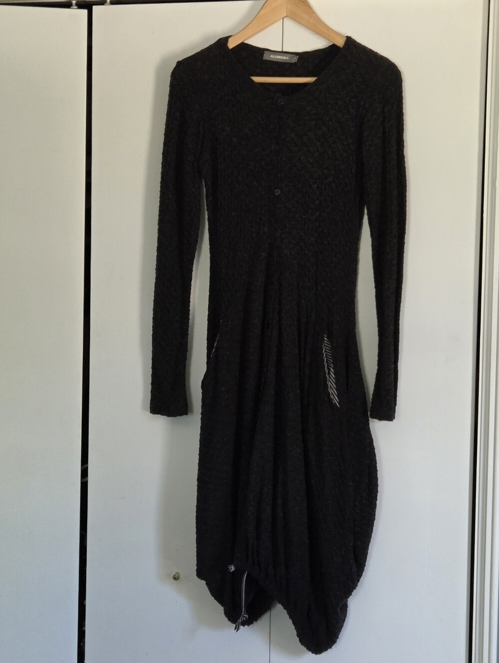 Alembika Textured Black Long Sleeve Midi Dress